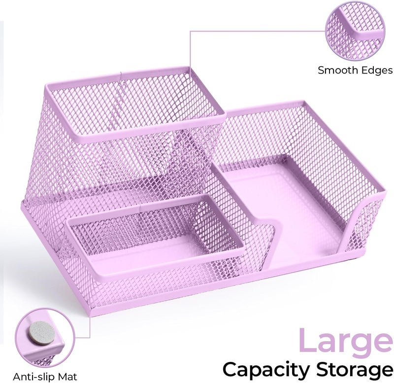 MG Mesh Pen Holder Desk Organizers Pencil Holder for Desk Purple, 3 Compartments Metal Office Supply Organizer with Sticky Notes Holder for Home Office - Image 3